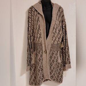 Hinge Boho Hooded Brown & Tan Cardigan Sweater NWT Misses MED/LARGE
